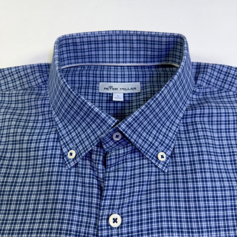 Peter Millar Mens Blue Micro Check Cashmere Blend Button Down Shirt Large - Picture 5 of 13